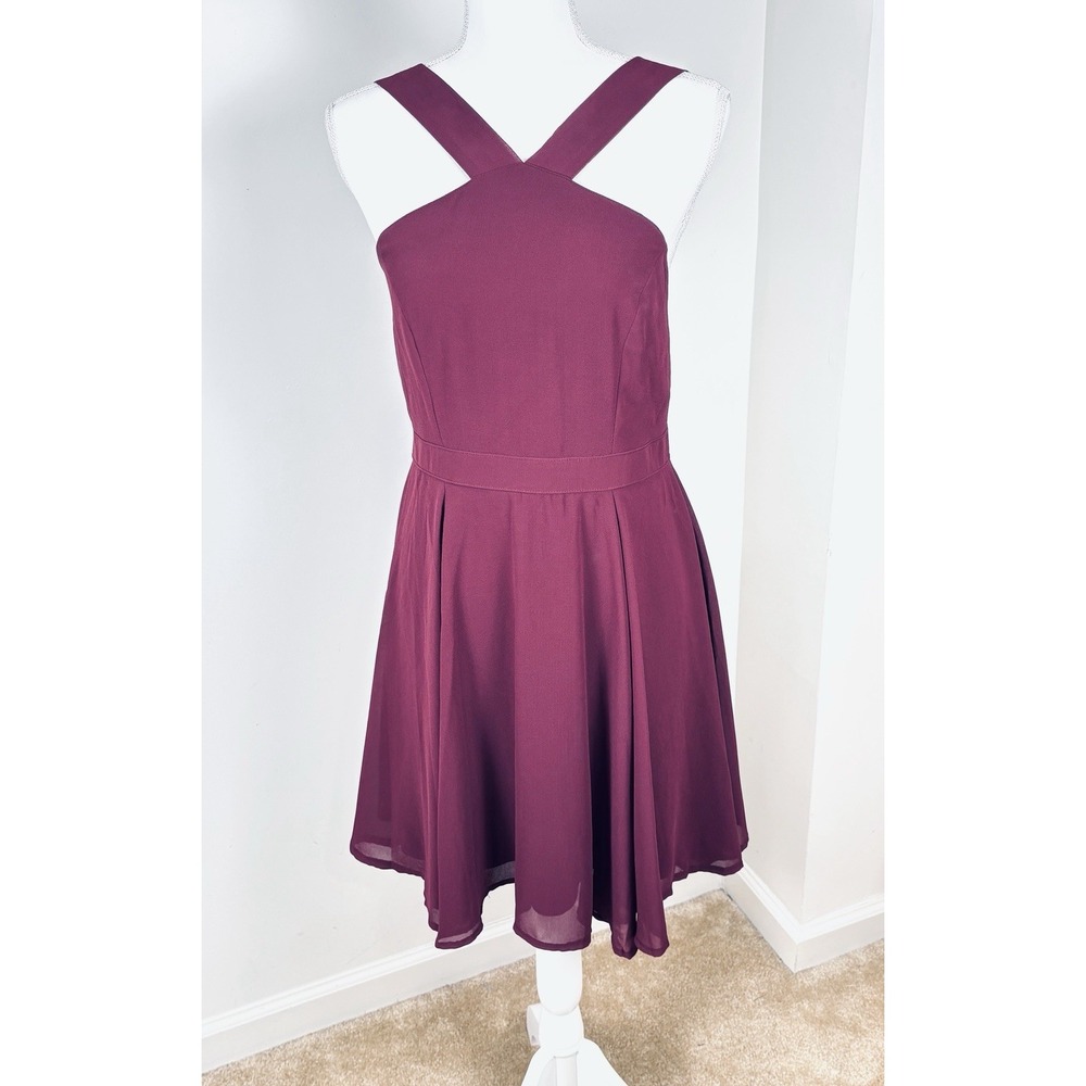 Lulus Forevermore Burgundy Halter Neck Skater Dress Large Fit Flare Knee Length